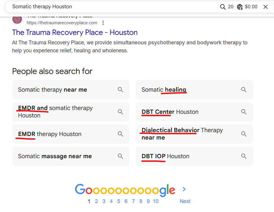 image showing how to find more related keywords for a therapy website using Google