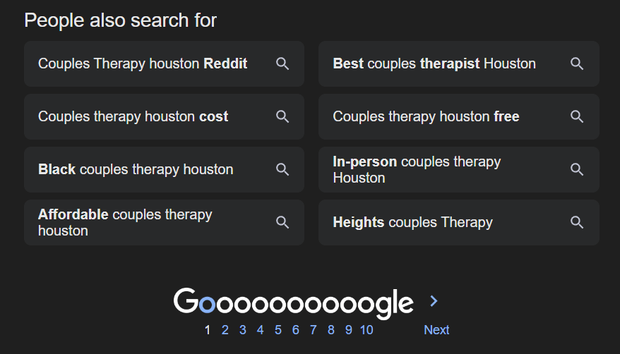 image showing how to do keyword research for a therapy website using Google's "People also search for" feature