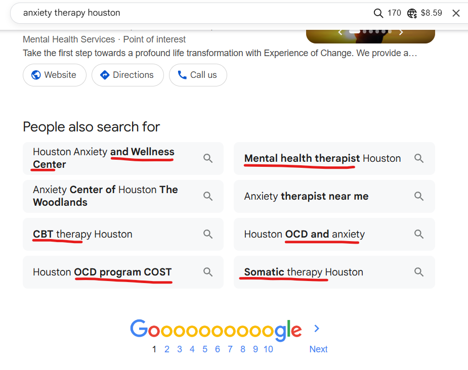 image showing "People also search for" feature for doing keyword research for a therapy website