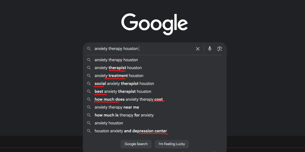 image showing how to do keyword research for a therapy website using Google autocomplete