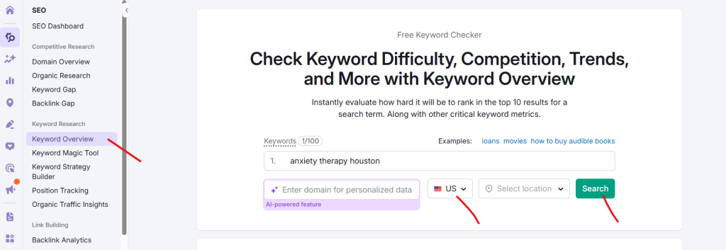 Image showing how to use Semrush for therapy website keyword research 